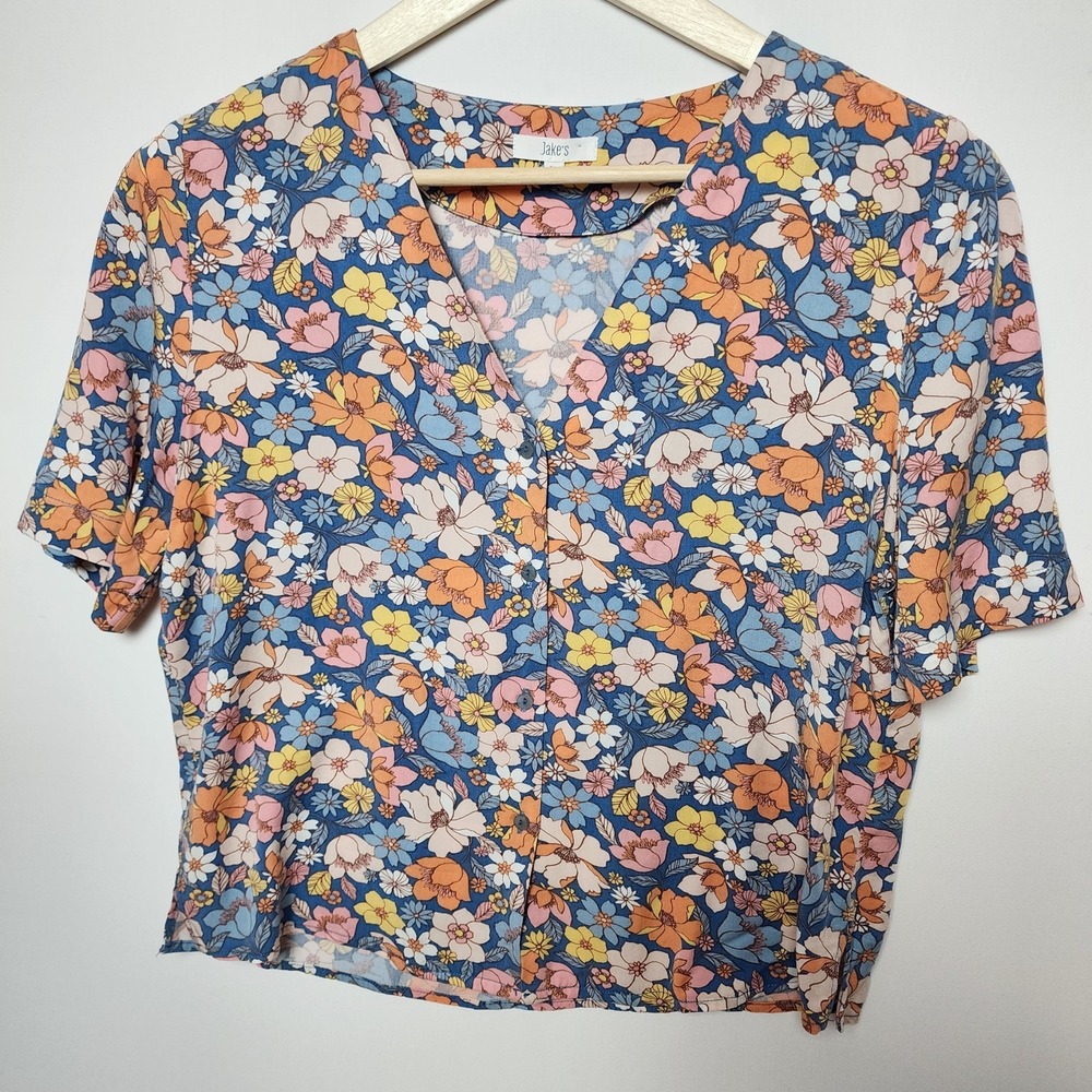 Jake's Floral Print V-Neck Button Up Short Sleeve Blouse Blue Orange Size Medium